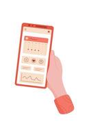 A mobile phone held in a hand. The smartphone screen displays a calendar application for planning activities. This user application offers features for organizing schedules and events. Digital vector