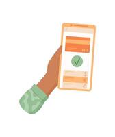 Phone in hand for payment. Mobile device held by a user to complete a transaction. Touchscreen app for card payment, digital technology sharing in business context. vector