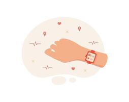 Smartwatch on hand shows fitness app. This mobile device captures health data with a user application. Digital technology enhances lifestyle, flat design suitable for wellness concepts. vector