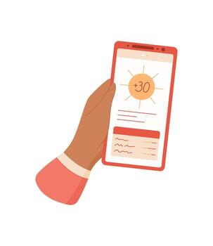 Smartphone held by a hand. Mobile device displays a weather app. User interacts with the touchscreen for weather information. Digital technology concept, flat style format, suitable for online media. vector