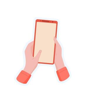 Hand hold smartphone sticker. User holds a phone sticker in their palm. Blank template, simple design, digital application. Suitable for online media, social marketing, and visual communication needs. vector