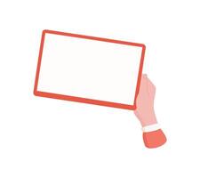 A hand holds a digital tablet with a blank template screen. A user displays the empty tablet in their palm. The blank screen allows various applications for digital media and communication. vector