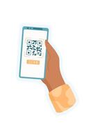 A hand holds a phone. A mobile device displays a QR code for scanning. Digital interaction, social media context, sticker design, suitable for online applications. vector