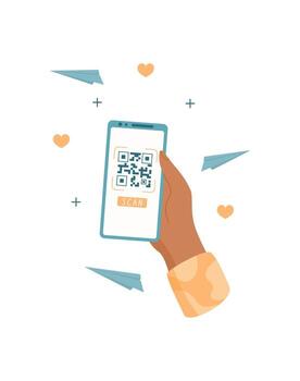A hand holds a phone with a QR application displayed on the screen. The user scans the QR code for digital interactions. The mobile device engages with social media, digital services, and mobile vector