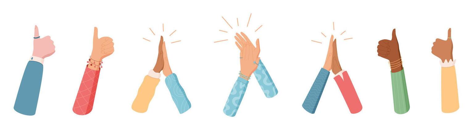 Diverse hands set in colorful flat style. Raised gestures and claps symbolize teamwork and solidarity. Hands together highlight applause celebration. Vibrant abstract set of gestures reflects unity
