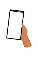 A hand holds a phone with a blank screen. The user displays template on the mobile device. This smartphone is perfect for showcasing apps, social media, or communication needs. Digital format, modern vector