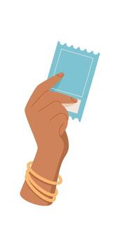 Hand holding ticket icon. Gesture of ticket exchange. Flat graphic style, visual concept, suitable for use in travel, event management, or any service related to ticketing. vector