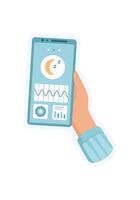 Sticker of hand holding phone. Application on phone screen monitors sleep activity. User engages with app in flat cartoon graphic style, suitable for social media promotion and digital marketing. vector