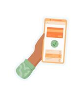 Hand holding phone with an app sticker. User of the mobile device conducts a payment transaction. Digital interaction, graphic style, ideal for business and technology applications. vector
