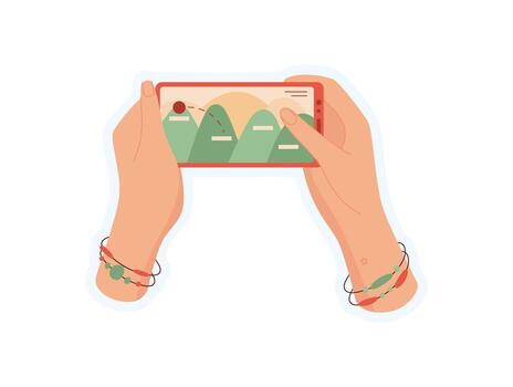 Hand holds smartphone with engaging app. User interacts with mobile device and screen. Digital application for entertainment, cool sticker for gaming media, chat, and technology. vector