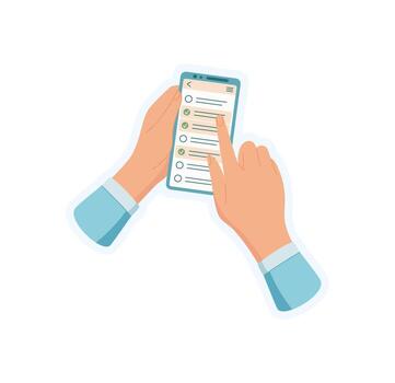 Hand hold smartphone with app. User touch screen of mobile device. Communication tool, digital sticker, potential for social media and online interaction. vector