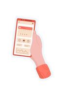 Hand holds phone with app sticker. User interacts on mobile screen. Online gesture, social media context, technological visual style, suitable for various mobile applications. vector