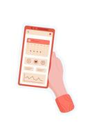 Sticker of hand holding phone. Image of smartphone screen with app. Digital media, online application, mobile technology, cool graphic, and diverse usage. vector