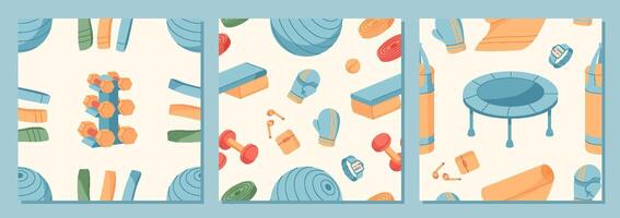 Flat seamless pattern of sport equipment set. Set of gym tools, fitness gear, and workout accessories for exercise and training. Vibrant athlete background, dynamic versatile design for active vector