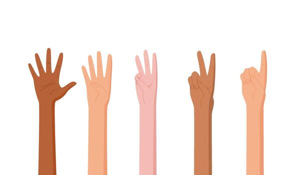 Cartoon bare hand count gesture count set in flat style. Includes various finger and palm poses with numbers. Ideal for education, display, or illustrative purposes in graphic or educational contexts. vector