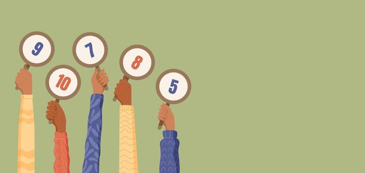 Cartoon hands hold numbered rating signs. Arms display scores from a customer feedback survey. Satisfaction evaluation and review concept, isolated on blank background. vector