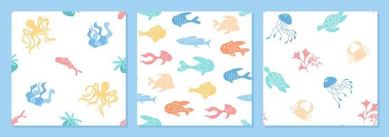 Seamless underwater pattern set with aquatic creatures in cartoon graphic style. Marine texture featuring fish, coral, and plants under the ocean. Perfect for sea backgrounds and decor. vector
