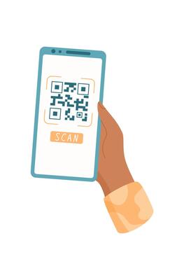 A hand holds a phone displaying a QR code. A user interacts with phone equipped with scanning application. The digital device emphasizes modern technology, media applications, and user engagement.