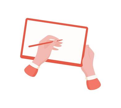 A hand holds a blank tablet ready for drawing. The simple art displays a digital device perfect for creative applications. Engaging with this empty screen drives artistic expression and modern vector
