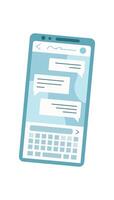 Smartphone with chat application on screen. Digital messaging platform for user communication. Mobile device showcasing conversation bubbles, social media context, flat visual format, digital media vector