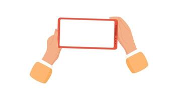 A hand holds a smartphone with an empty template screen. A user holds a mobile device, showcasing its potential for various applications. This simple and graphic illustration highlights modern vector