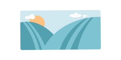 Stylized mountain landscape with bright sun and clouds. A flat depiction of nature shows rolling hills and a clear blue sky. Vibrant mountains illustrate an outdoor scene, simple colorful, vector
