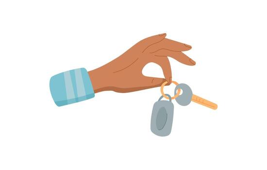 Hand gesture icon. Female hand holds key, symbolizing exchange. Perfect for concepts related to people and objects, this flat sticker style serves as a versatile element in graphic design. vector