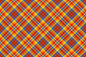 Vibrant tartan pattern. Warm hues of red, orange, and yellow intersect with bold blue lines. Classic textile design. Ideal for backgrounds or fabric mockups. vector