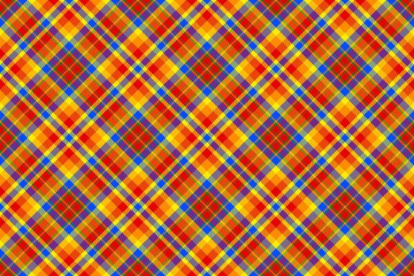 Vibrant tartan pattern. Warm hues of red, orange, and yellow intersect with bold blue lines. Classic textile design. Ideal for backgrounds or fabric mockups.