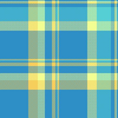Pixelated plaid pattern in cool blue, yellow and green tones. Retro, vintage aesthetic suitable for backgrounds, textiles, and digital art projects.
