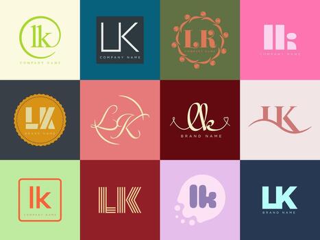 LK logo template. Letter l and k logotype. Set different classic serif lettering and modern bold text with design elements. Initial font typography. vector