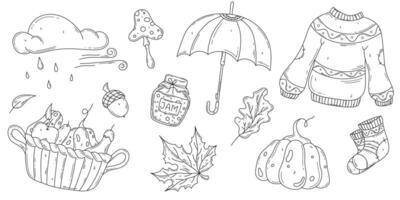 Fall autumn hand drawn set in doodle style. Outline themed collection. Isolated editable stroke elements on white background vector