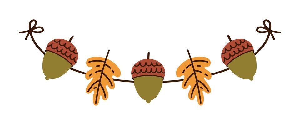 Autumn garland icon. Oak leaf and acorns hang on a string. Colorful plants for fall party, Thanksgiving. Seasonal holiday decoration, forest tree leaves. Hand drawn cartoon botanical clipart