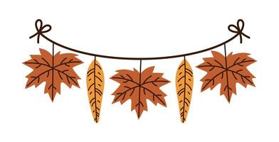 Colorful autumn garland icon. Red maple, orange willow leaves hang on a string. Forest plants for fall party, Thanksgiving. Seasonal holiday decoration, leaf of a wild tree. Isolated clipart vector