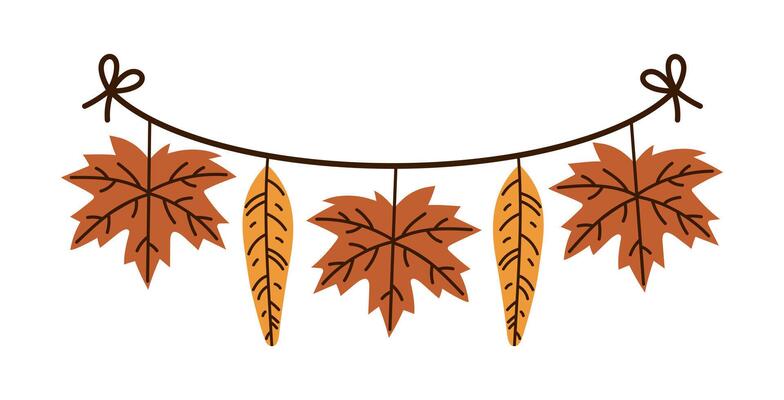 Colorful autumn garland icon. Red maple, orange willow leaves hang on a string. Forest plants for fall party, Thanksgiving. Seasonal holiday decoration, leaf of a wild tree. Isolated clipart
