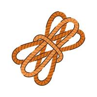 Coiled rope with knot icon. Equipment for camping, climbing, boating. Twisted string made of strong fiber. Hand drawn illustration, cartoon doodle isolated on white. Thread with loops vector
