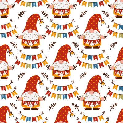Funny autumn gnomes, seamless pattern. Cute elves with beards are holding festive seasonal garlands. Dwarves in hats, with a flags for the fall party. Background for Thanksgiving, ornament