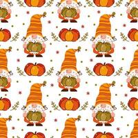 Gnome pattern with pumpkins and autumn leaves vector