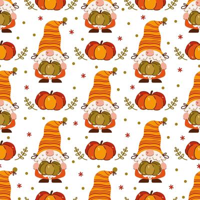 Cute autumn gnomes, seamless pattern. Funny elves with beards hold ripe pumpkins, the seasonal harvest. Scandinavian characters. Dwarves in orange hats. Background for Thanksgiving, fall party