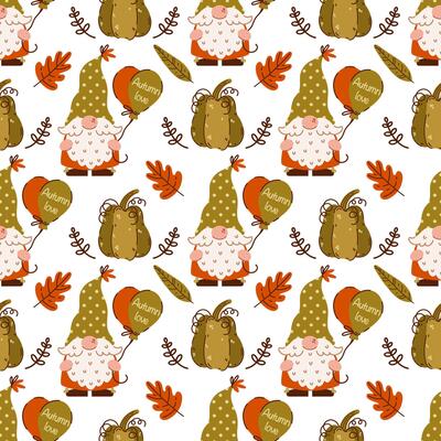 Cute autumn gnomes, seamless pattern. Elves with beards hold colorful balloons. Oak leaves, pumpkin, symbol of the seasonal harvest. Dwarves in funny hats. Ornament for Thanksgiving, fall party