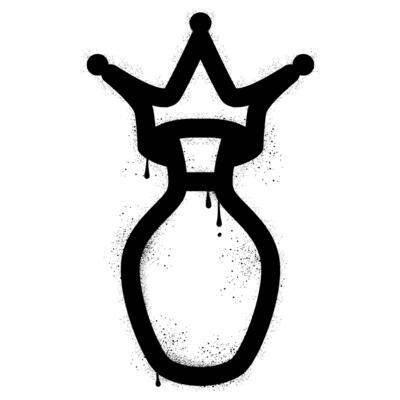 Bowling pin with royal crown with black spray paint graffiti