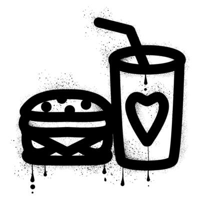 Fast food with black spray paint graffiti