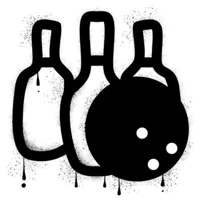 Bowling ball and pins with black spray paint graffiti