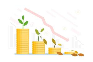 Flat style illustration of financial downturn. Stacks of coins with withering plants represent economic decline, falling profits, and poor investment growth. vector