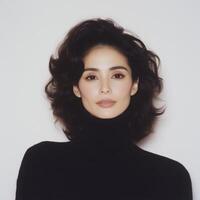 Portrait of a stylish young woman with dark hair and a chic black turtleneck sweater photo