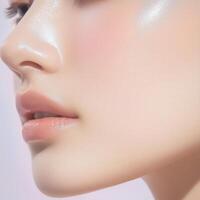 Close-up of a radiant complexion with flawless skin and subtle pink blush makeup details photo