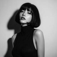 Monochrome portrait of a beautiful young woman with stylish bob haircut and elegant expression photo