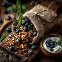 Delicious granola with fresh blueberries and yogurt presented on rustic wooden surface photo