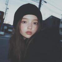 Serene girl in beanie captures an intimate portrait in a cityscape setting at dusk photo