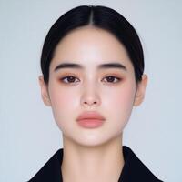 Flawless beauty portrait showcasing radiant skin and subtle eye makeup, a young woman's captivating gaze photo